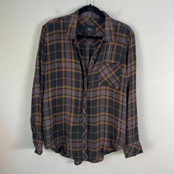Rails Womens Medium Hunter Camel Black Lurex Plaid Shirt Metallic Button Up Top - Picture 2 of 12